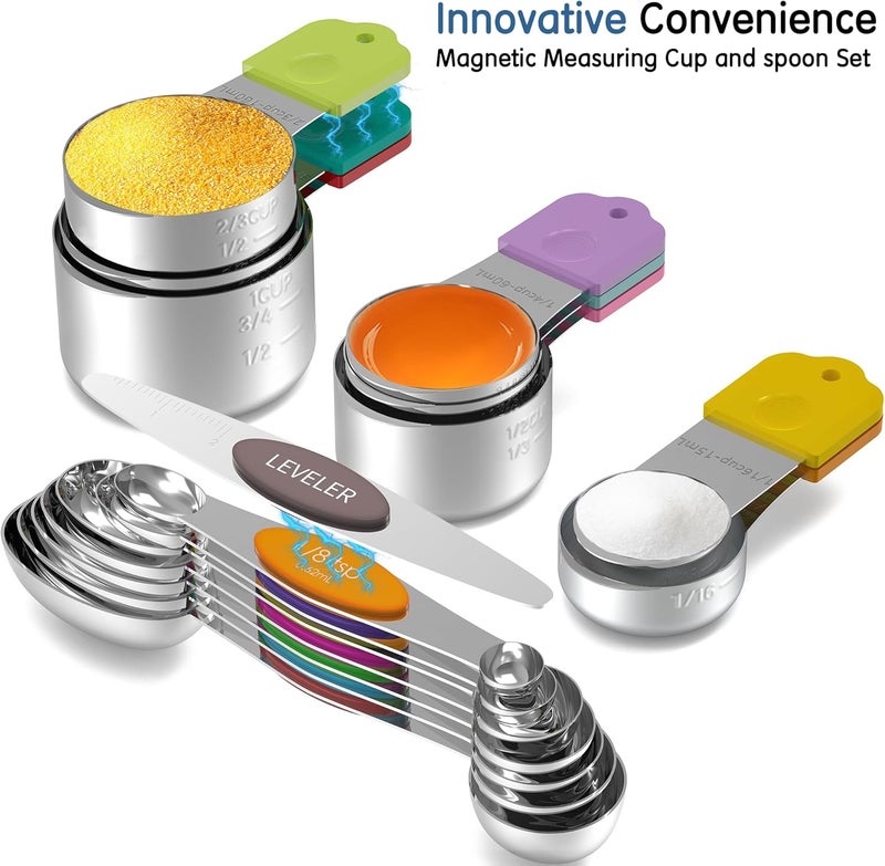 Minteem Magnetic Measuring Cups and Spoons Set, 7 Nesting Stainless Steel Measuring Cup Set with Easy to Read Markings, 7 Magnetic Measuring Spoons & 1 Leveler for Measuring Dry or Liquid Ingredients - Image 3